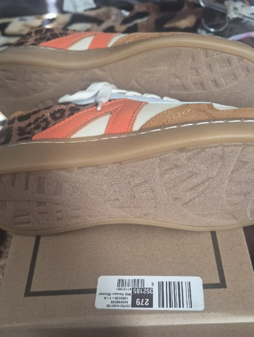 MIA White Tan Leopard Accent Sneakers with Orange Stripe